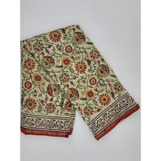 Chanderi Bagru Block Printed Saree with small Zari border - Vinshika