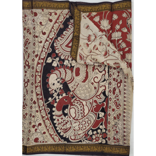 Handprinted Kalamkari Cotton Saree with Zari Border - Vinshika