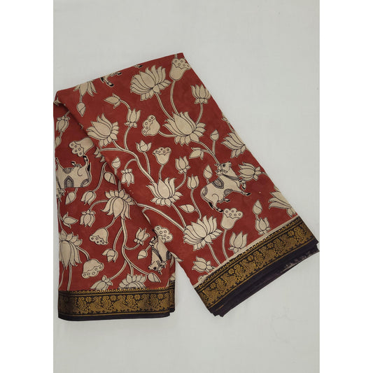 Handprinted Kalamkari Cotton Saree with Zari Border - Vinshika