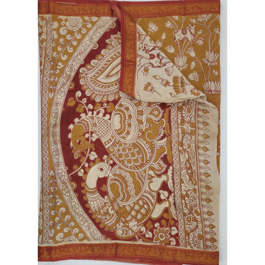 Handprinted Kalamkari Cotton Saree with Zari Border - Vinshika