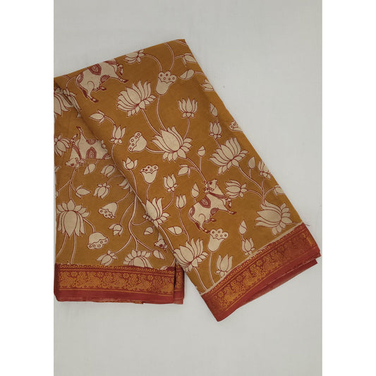 Handprinted Kalamkari Cotton Saree with Zari Border - Vinshika