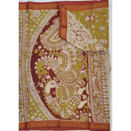 Handprinted Kalamkari Cotton Saree with Zari Border - Vinshika