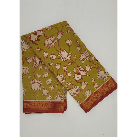 Handprinted Kalamkari Cotton Saree with Zari Border - Vinshika