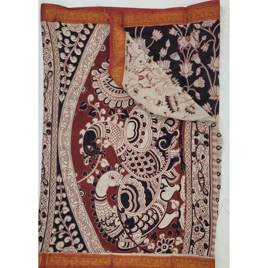Handprinted Kalamkari Cotton Saree with Zari Border - Vinshika
