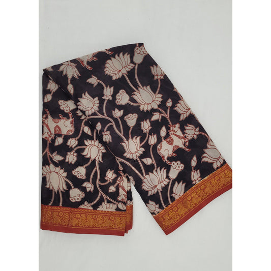Handprinted Kalamkari Cotton Saree with Zari Border - Vinshika