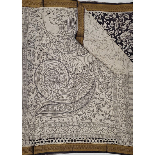 Handprinted Kalamkari Silk Saree with Zari Border - Vinshika