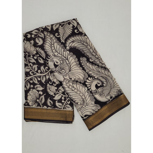 Handprinted Kalamkari Silk Saree with Zari Border - Vinshika