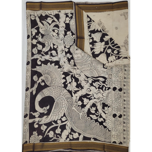 Handprinted Kalamkari Silk Saree with Zari Border - Vinshika