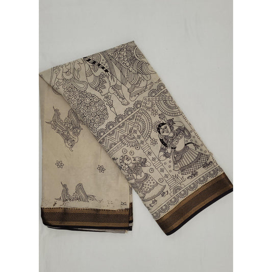 Handprinted Kalamkari Silk Saree with Zari Border - Vinshika