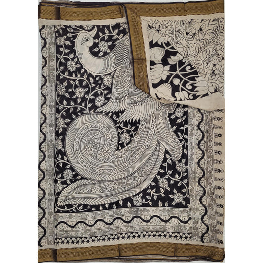 Handprinted Kalamkari Silk Saree with Zari Border - Vinshika