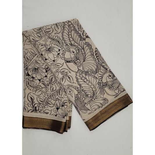 Handprinted Kalamkari Silk Saree with Zari Border - Vinshika