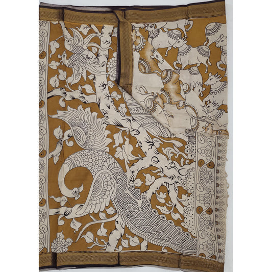 Handprinted Kalamkari Silk Saree with Zari Border - Vinshika