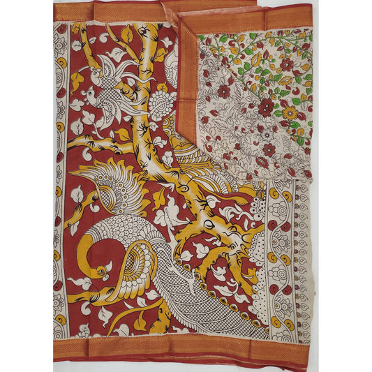 Handprinted Kalamkari Silk Saree with Zari Border - Vinshika