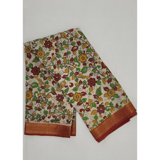 Handprinted Kalamkari Silk Saree with Zari Border - Vinshika