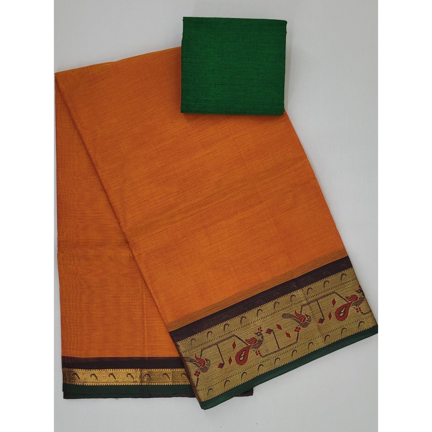 Mango and Green Color Color Kanchi Cotton Saree with Thread and Zari Paithani Border - Vinshika