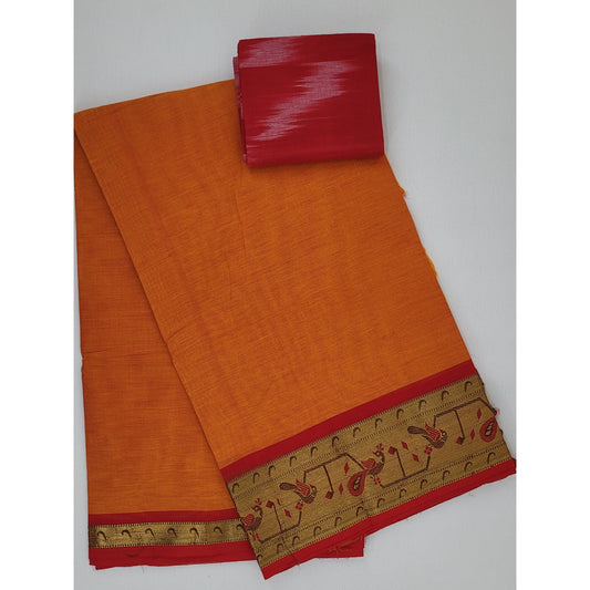Alphonso and Red Color Kanchi Cotton Saree with Thread and Zari Paithani Border - Vinshika