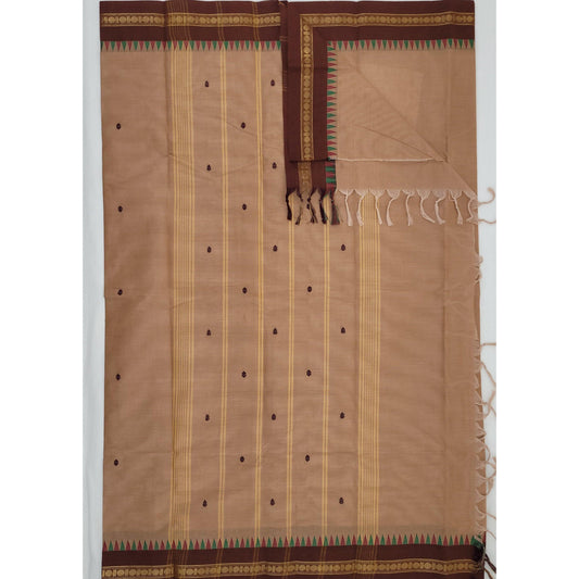 Fawn Color Kanchi Cotton Saree Allover Buttis with Zari Border - Vinshika