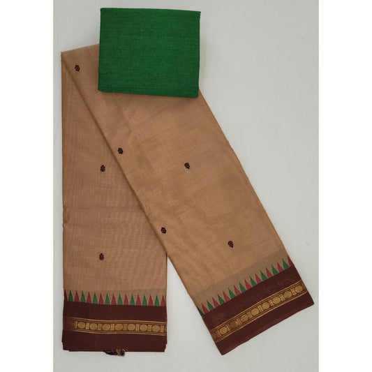 Fawn Color Kanchi Cotton Saree Allover Buttis with Zari Border - Vinshika
