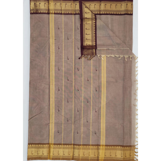 Acru Color Kanchi Cotton Saree Allover Buttis with Zari Border - Vinshika