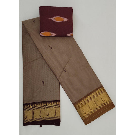 Acru Color Kanchi Cotton Saree Allover Buttis with Zari Border - Vinshika
