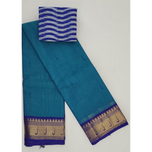 Blue Color Kanchi Cotton Saree Allover Buttis with Zari Border - Vinshika