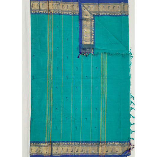 Aqua Blue Color Kanchi Cotton Saree Allover Buttis with Zari Border - Vinshika
