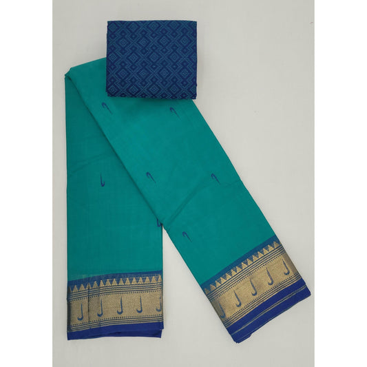 Aqua Blue Color Kanchi Cotton Saree Allover Buttis with Zari Border - Vinshika