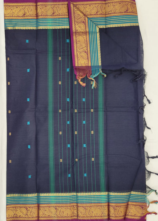 Navy Blue and Dark Pink Color Kanchi Cotton Saree Allover Buttis with Zari Border - Vinshika