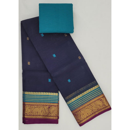 Navy Blue and Dark Pink Color Kanchi Cotton Saree Allover Buttis with Zari Border - Vinshika