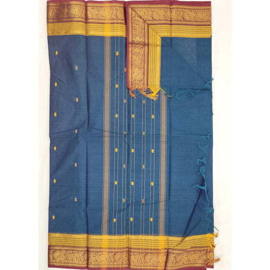 Blue and Maroon Color Kanchi Cotton Saree Allover Buttis with Zari Border - Vinshika
