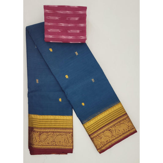 Blue and Maroon Color Kanchi Cotton Saree Allover Buttis with Zari Border - Vinshika