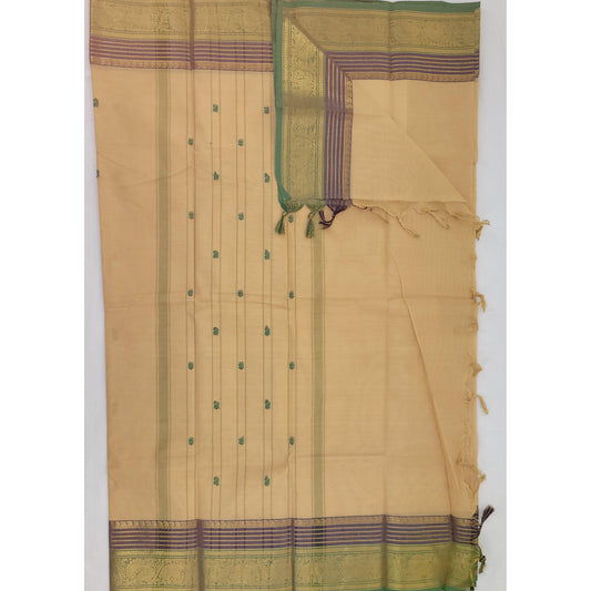 Fawn and Green Color Kanchi Cotton Saree Allover Buttis with Zari Border - Vinshika