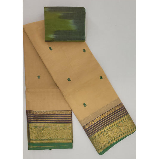 Fawn and Green Color Kanchi Cotton Saree Allover Buttis with Zari Border - Vinshika