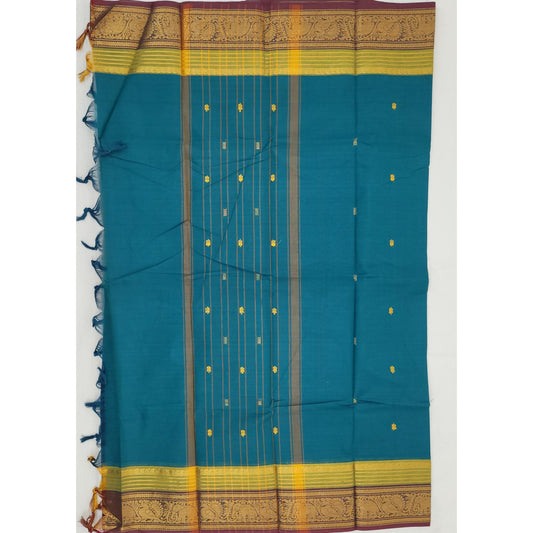 Blue and Maroon Color Kanchi Cotton Saree Allover Buttis with Zari Border - Vinshika