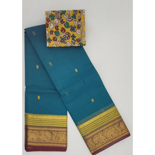 Blue and Maroon Color Kanchi Cotton Saree Allover Buttis with Zari Border - Vinshika