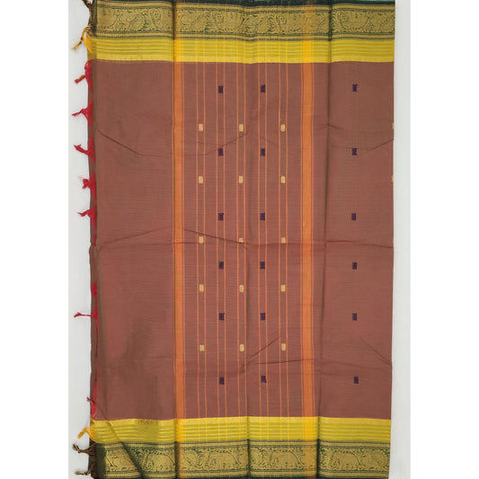 Parry Red and Green Color Kanchi Cotton Saree Allover Buttis with Zari Border - Vinshika