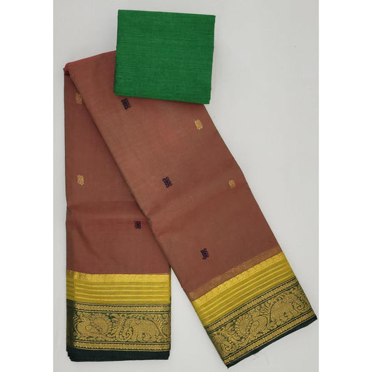 Parry Red and Green Color Kanchi Cotton Saree Allover Buttis with Zari Border - Vinshika