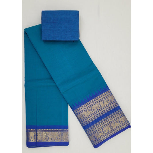 Blue Color Kanchi Cotton Saree with Zari Border - Vinshika
