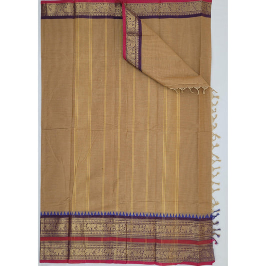 Wheat Color Kanchi Cotton Saree with Zari Border - Vinshika