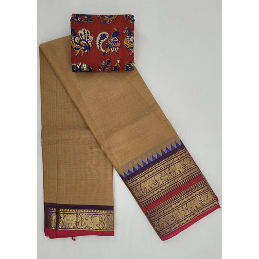Wheat Color Kanchi Cotton Saree with Zari Border - Vinshika
