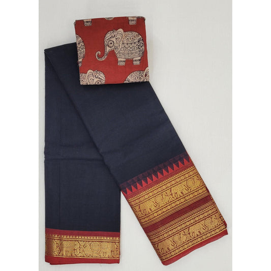 Black Color Kanchi Cotton Saree with Zari Border - Vinshika