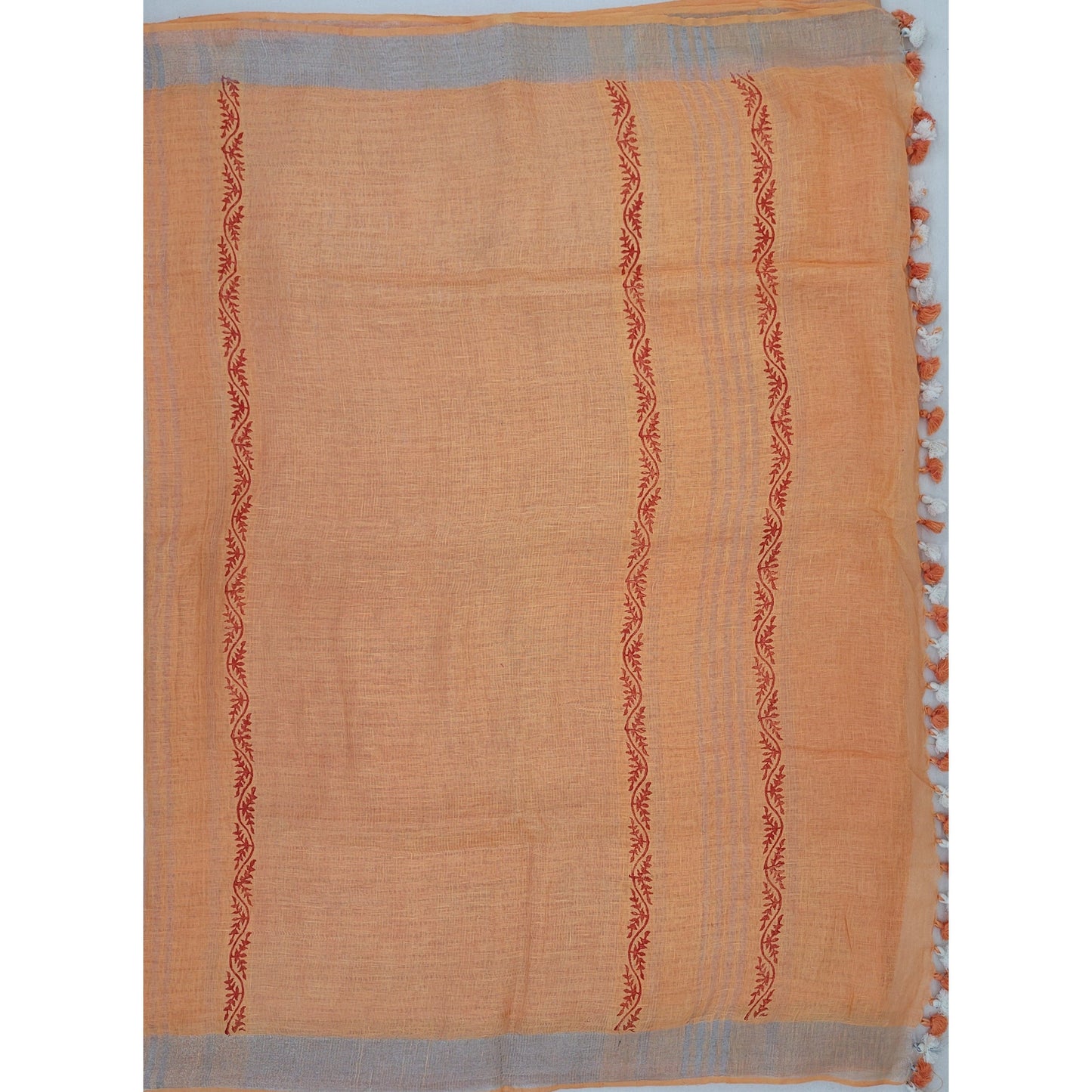 Orange Printed Premium handwoven Linen Saree with blouse - Vinshika