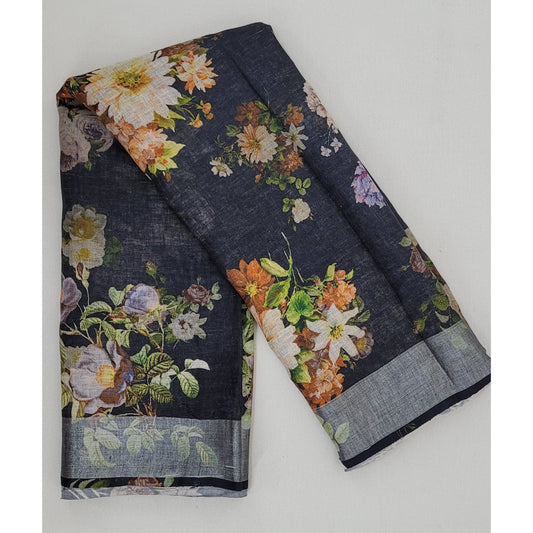 Handwoven premium digital print linen saree - Vinshika