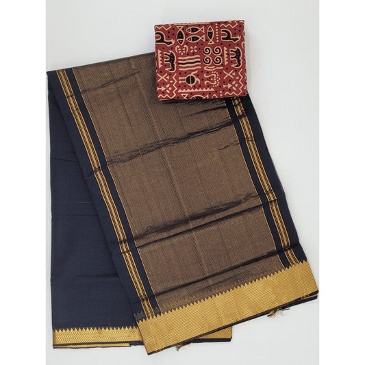 Black color Mangalagiri cotton saree with golden zari border - Vinshika