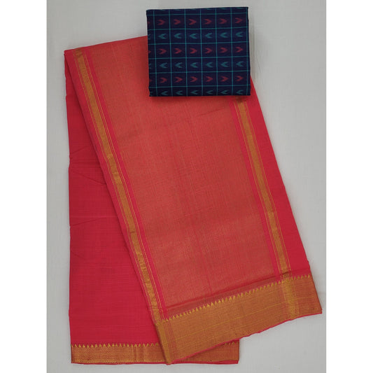 Redish Orange color Mangalagiri cotton saree with golden zari border - Vinshika