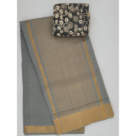 Steel Grey color Mangalagiri cotton saree with golden zari border - Vinshika