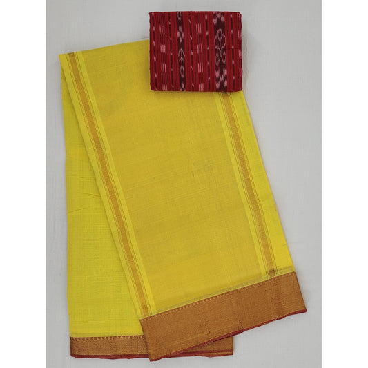 Yellow color Mangalagiri cotton saree with golden zari border - Vinshika