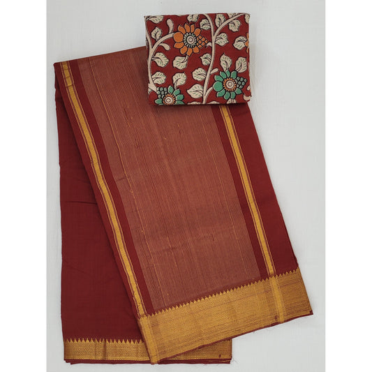 Maroon color Mangalagiri cotton saree with golden zari border