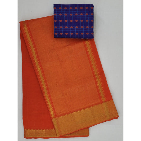 Orange color Mangalagiri cotton saree with golden zari border