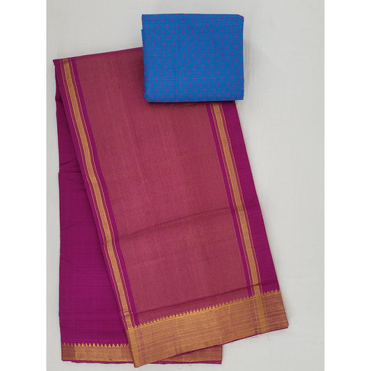 Purple color Mangalagiri cotton saree with golden zari border - Vinshika